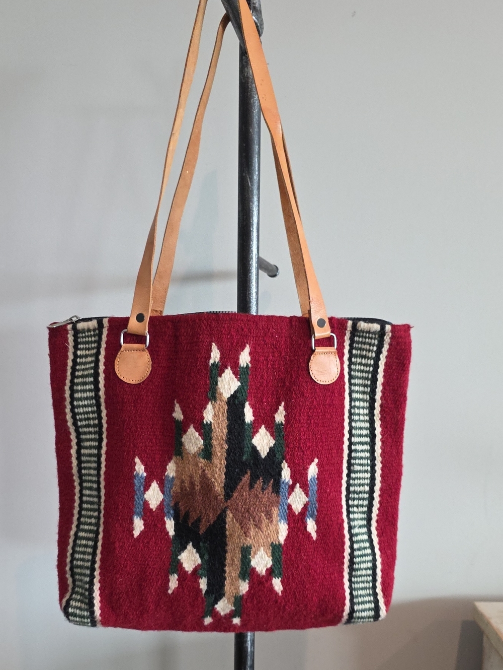 Handwoven Red Aztec Tote Bag with Tan Straps